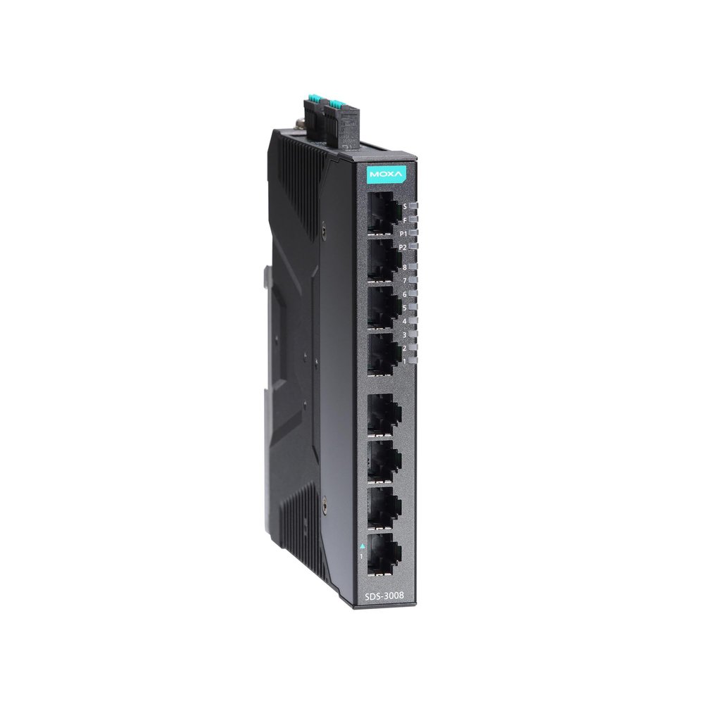 Moxa SDS-3008 , Compact Industrial Smart Ethernet Switch with 8 10/100BaseT(X) Ports, Dual 12/24/48 VDC Power inputs, -10 to 60C Operating Temperature