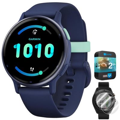 Garmin 010-02862-12 Vivoactive 5 Fitness Smartwatch, Navy | Official USA Partner Model | Bundle with Deco Essentials 2-Pack Screen Protector and 2 YR CPS Enhanced Protection Pack