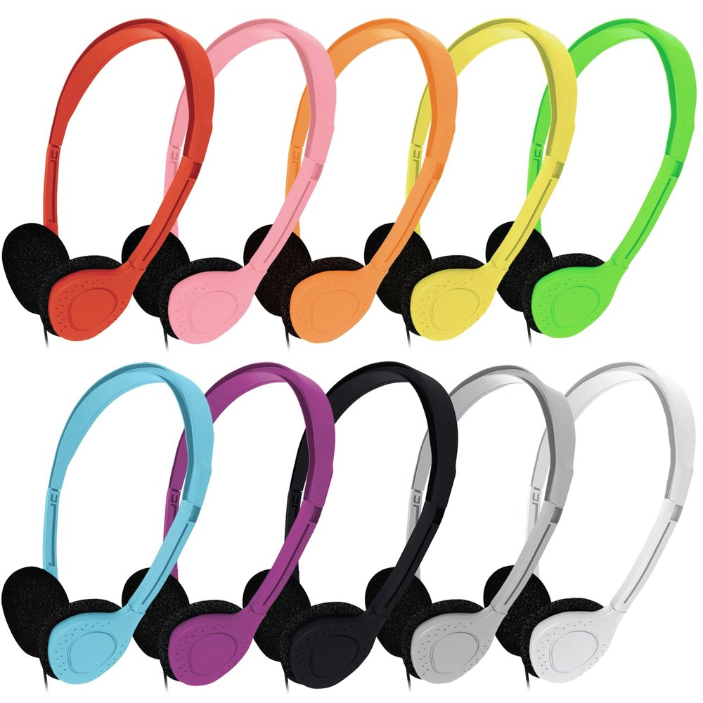 Maeline Bulk Classroom Student Headphones On Ear Stereo Headphones Adjustable Band & Foam Cushions for Kids Online Learning, Library, School, Airplane, Travel - 3.5mm Plug - 300 Pack - Multi