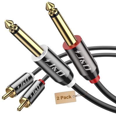 J&D 2-Pack Dual 1/4 inch TS to Dual RCA Stereo Audio Interconnect Cable, Gold Plated Copper Shell Heavy Duty RCA to 1/4 Cable, 6 Feet/1.8 Meter