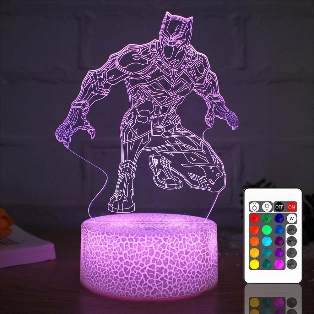 TSKVT Superhero Toy Kids Night Light, Black Panther Superhero Night Light Toy for 4 5 6 7 8 Year olds, Kids 3D Lights 16 Colors Dimmable, Charging with Remote Control and Touch Looks Great