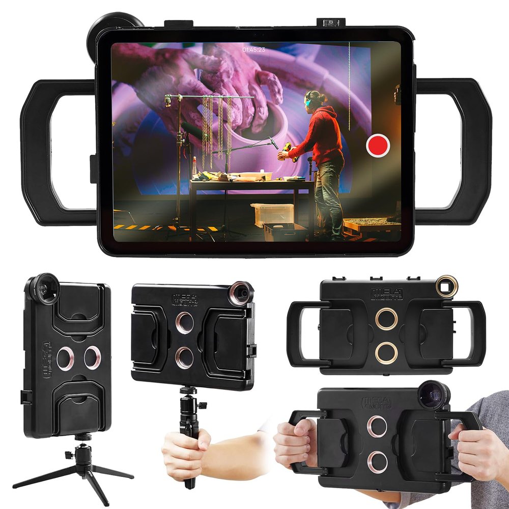 MegaMount Rig Case Video Stabilizer for iPad 10.9 inch (Latest 10th Gen Model) Handheld Tablet Stabilizers w/Swing Handle, Cold Shoe Mounts, Tripod Mount for Videography, Vlogging, Film Making