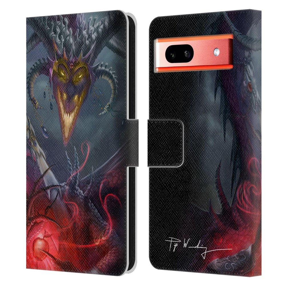Head Case Designs Officially Licensed Piya Wannachaiwong Enchanted Black Dragons Leather Wallet Case Compatible with Google Pixel 7a
