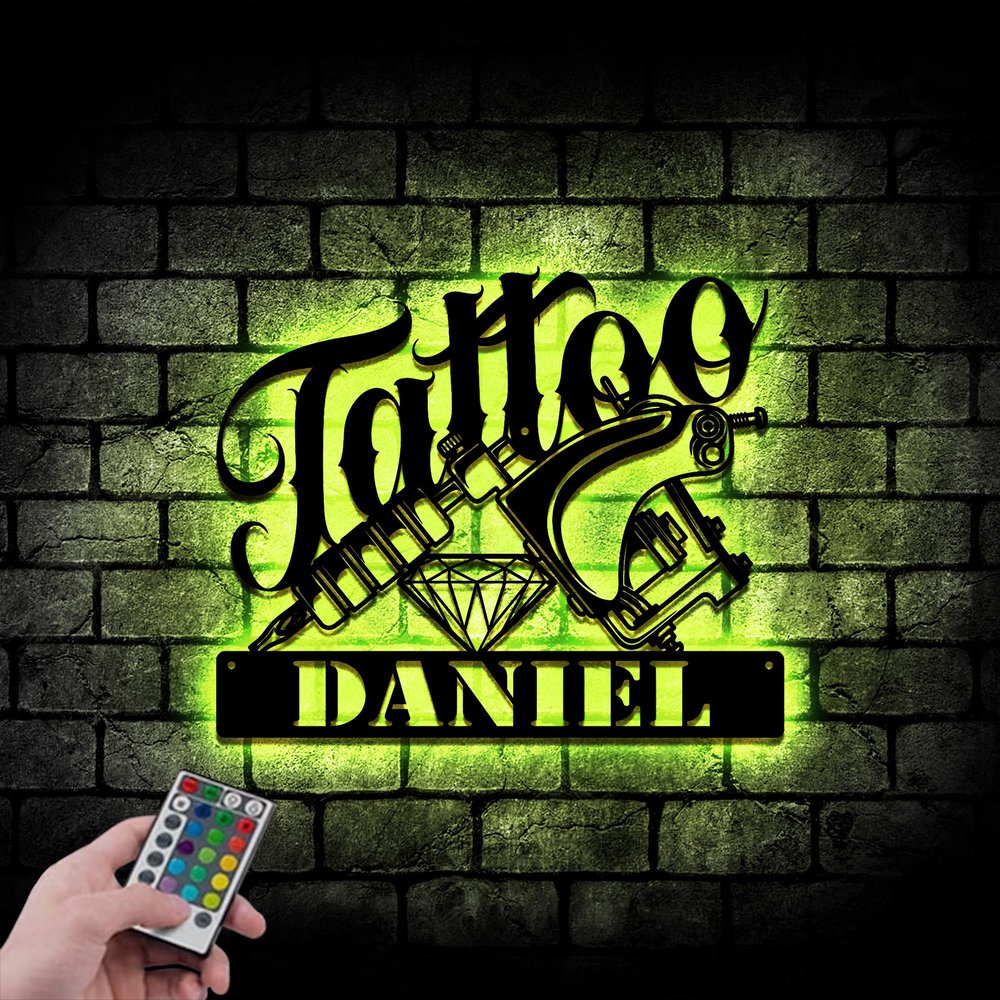 Personalized Tattoo Artist Wall Art Business Custom Metal Sign with LED Light 8x8 inches Black Power Coated Home Tattoo Shop Decor Birthday Christmas Gift (style 39)