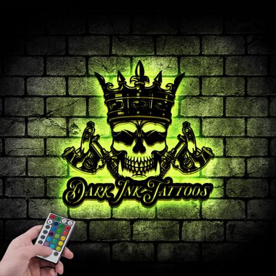 Personalized Crown Skull Tattoo Death Head Tattoo Studio Custom Metal Sign with LED Light 8x8 inches Black Power Coated Home Tattoo Shop Decor Birthday Christmas Gift (style 33)