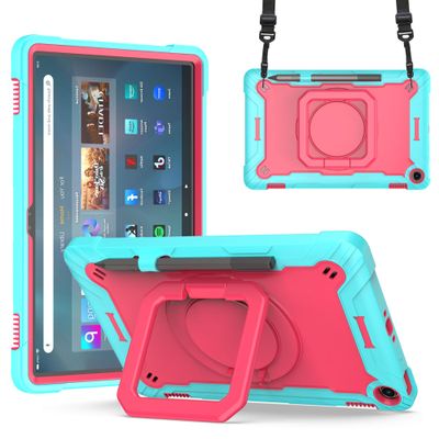 zukof Case for Amazon Fire Max 11 inch Tablet (13th Generation, 2023 Release) Hybrid Shockproof 360 Rotating Multi-Functional Ring Stand Case with Shoulder Straps (Teal/Pink)