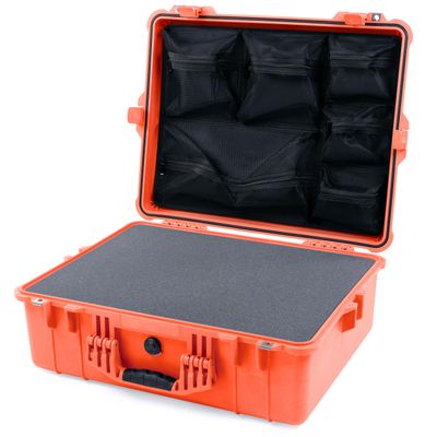 ColorCase Pelican 1600 Case Orange - Large Size Waterproof Case with Pick & Pluck Foam Set & Mesh Lid Organizer - Orange Handle & Latches