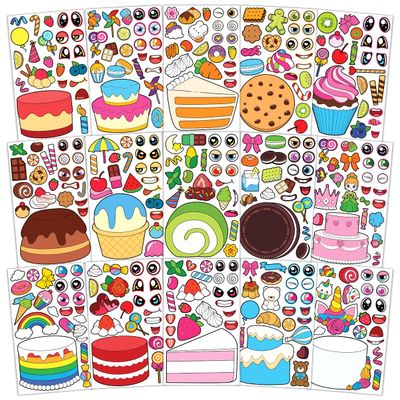 15 Sheets Make Your Own Cake Stickers for Girls Kids Boys Toddlers Create Face Sticker Set Large Print Decal Pack Custom Waterproof Vinyl Decals Birthday Gifts Decoration Supplies