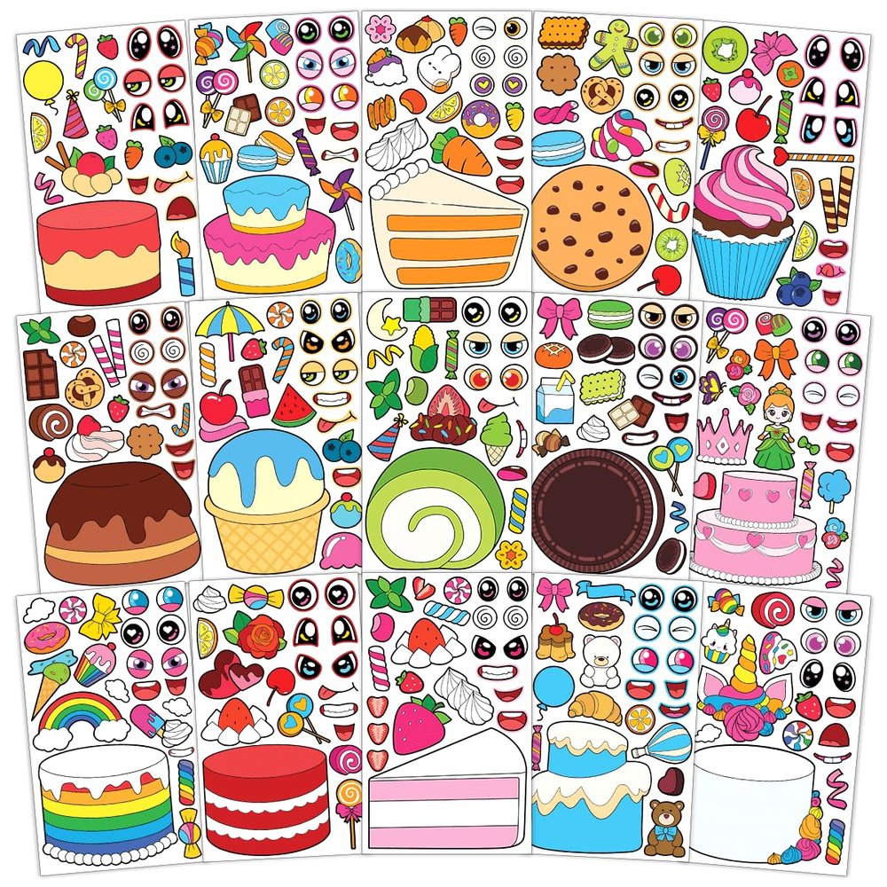 15 Sheets Make Your Own Cake Stickers for Girls Kids Boys Toddlers Create Face Sticker Set Large Print Decal Pack Custom Waterproof Vinyl Decals Birthday Gifts Decoration Supplies