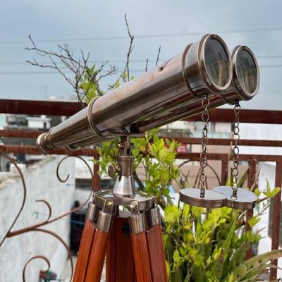 Mary Nautical 62" Floor-Standing Admirals Antique Brass Binoculars | Fully Functional Nautical Decor with Wooden Tripod
