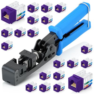 Everest easyJACK - 90 Angled Speed Termination Keystone Tool Set - with 20-Pack of RJ45 Cat6 Keystone Jacks in Purple (Slim Profile Design) - Time Saver Network Punch Down Tool Cat6