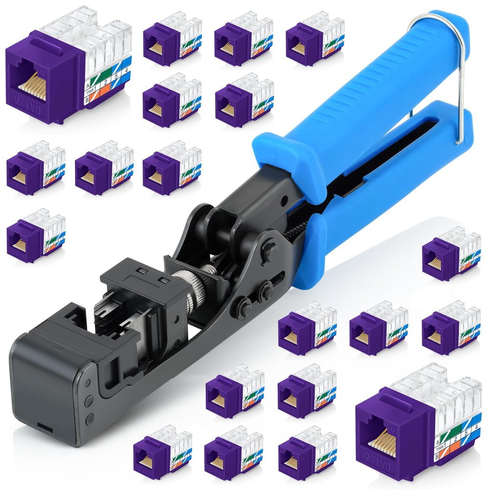 Everest easyJACK - 90 Angled Speed Termination Keystone Tool Set - with 20-Pack of RJ45 Cat6 Keystone Jacks in Purple (Slim Profile Design) - Time Saver Network Punch Down Tool Cat6