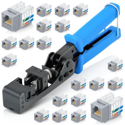 Everest easyJACK - 90 Angled Speed Termination Keystone Tool Set - with 20-Pack of RJ45 Cat6 Keystone Jacks in Gray (Slim Profile Design) - Time Saver Network Punch Down Tool Cat6