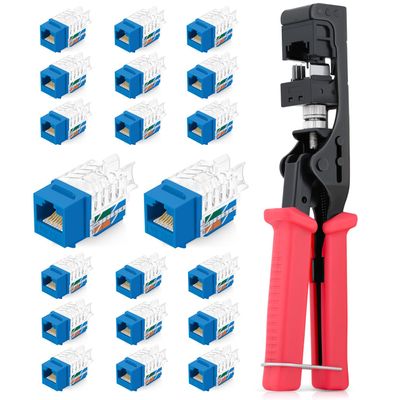Everest 45Term - 45 Angled Speed Termination Keystone Tool Set - with 20-Pack of RJ45 Cat6A Keystone Jacks in White (Slim Profile Design) - Time Saver Network Punch Down Tool Cat6A