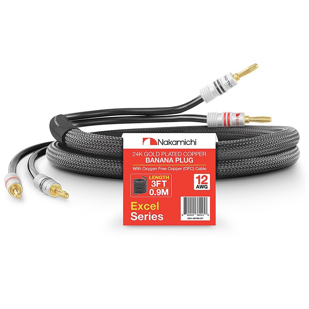 Nakamichi Excel Series 24k Gold Plated Banana Plugs with Speaker Cable Wire 99.9% Oxygen-Free Copper (OFC) Heavy Duty Braided for Amplifier Hi-Fi Home Theatre - Black (12 AWG / 3 feet / 0.9m)