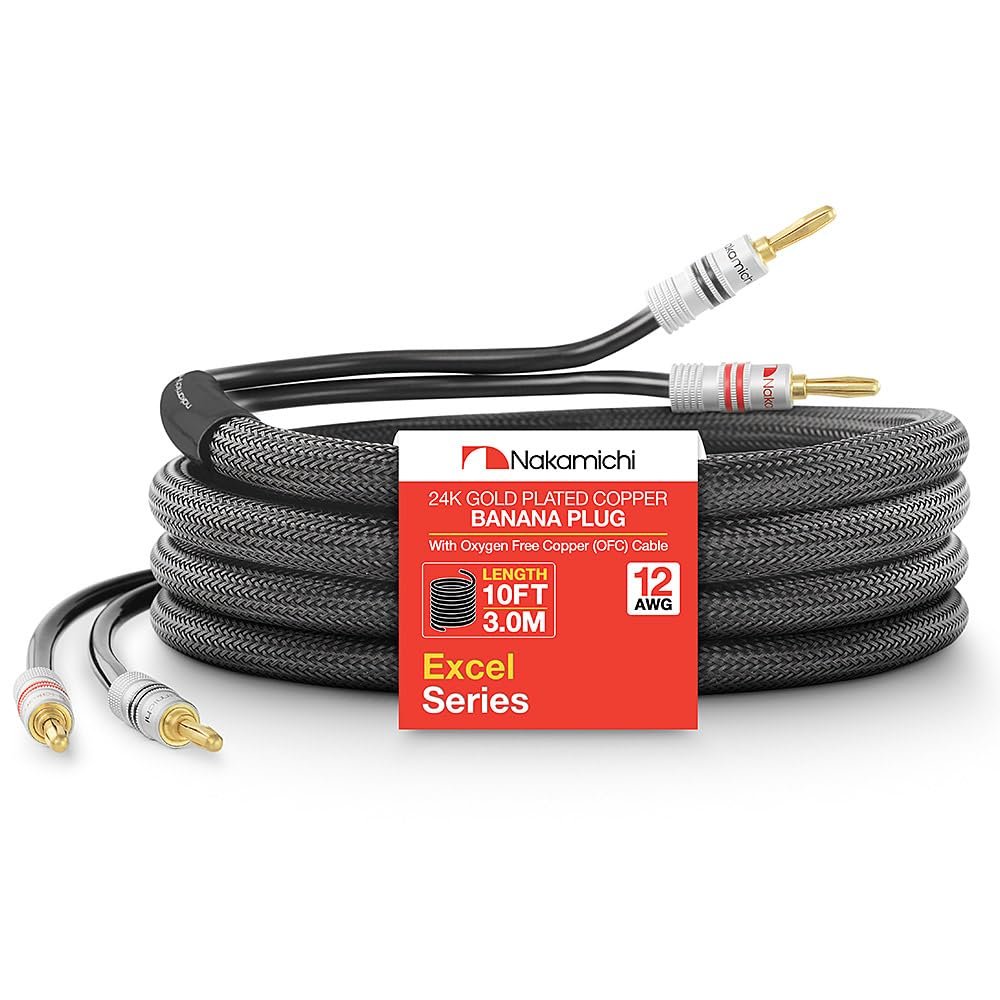 Nakamichi Excel Series 24k Gold Plated Banana Plugs with Speaker Cable Wire 99.9% Oxygen-Free Copper (OFC) Heavy Duty Braided for Amplifier Hi-Fi Home Theatre - Black (12 AWG / 10 feet / 3.0m)