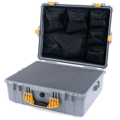 ColorCase Pelican 1600 Case Silver - Large Size Waterproof Case with Pick & Pluck Foam Set & Mesh Lid Organizer - Yellow Handle & Latches