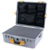 ColorCase Pelican 1600 Case Silver - Large Size Waterproof Case with Pick & Pluck Foam Set & Mesh Lid Organizer - Yellow Handle & Latches view 1