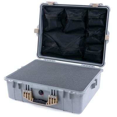 ColorCase Pelican 1600 Case Silver - Large Size Waterproof Case with Pick & Pluck Foam Set & Mesh Lid Organizer - Desert Tan Handle & Latches