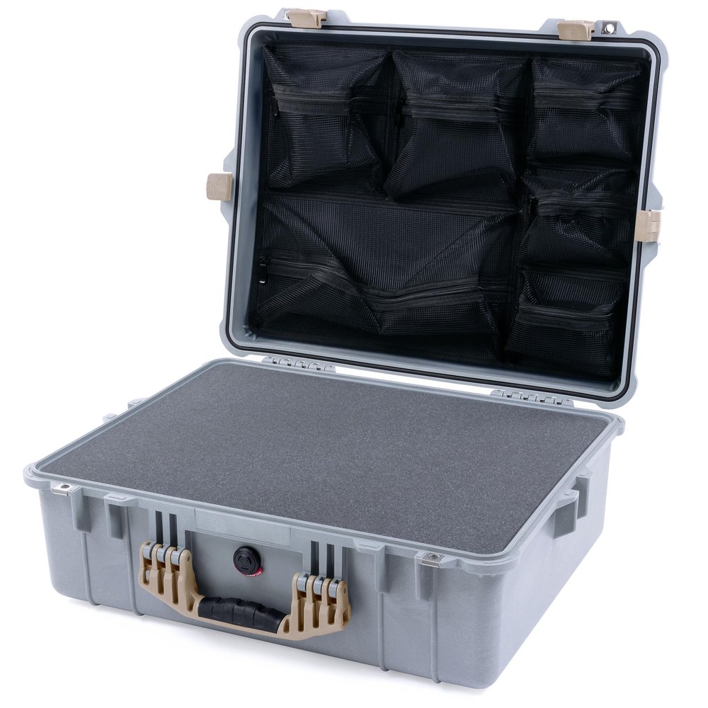 ColorCase Pelican 1600 Case Silver - Large Size Waterproof Case with Pick & Pluck Foam Set & Mesh Lid Organizer - Desert Tan Handle & Latches