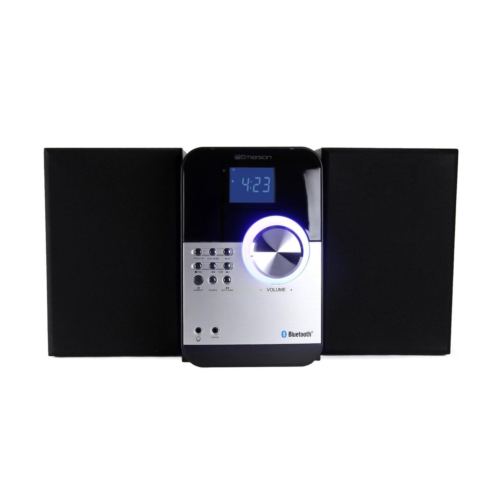 Emerson ES-4000 Bluetooth Micro Music System with MP3, CD Player, FM Radio, Alarm Clock, AUX Input, LED Display, Compact Design, and Remote Control