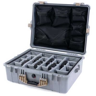 Pelican 1600 Case by ColorCase - Silver - Large Size Waterproof Case with Grey Padded Dividers & Mesh Lid Organizer - Desert Tan Handle & Latches