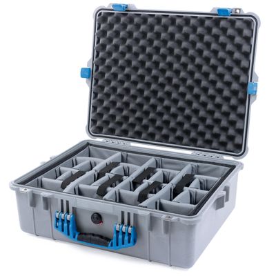 Pelican 1600 Case by ColorCase - Silver - Large Size Waterproof Case with Grey Padded Dividers & Convoluted Lid Foam - Blue Handle & Latches