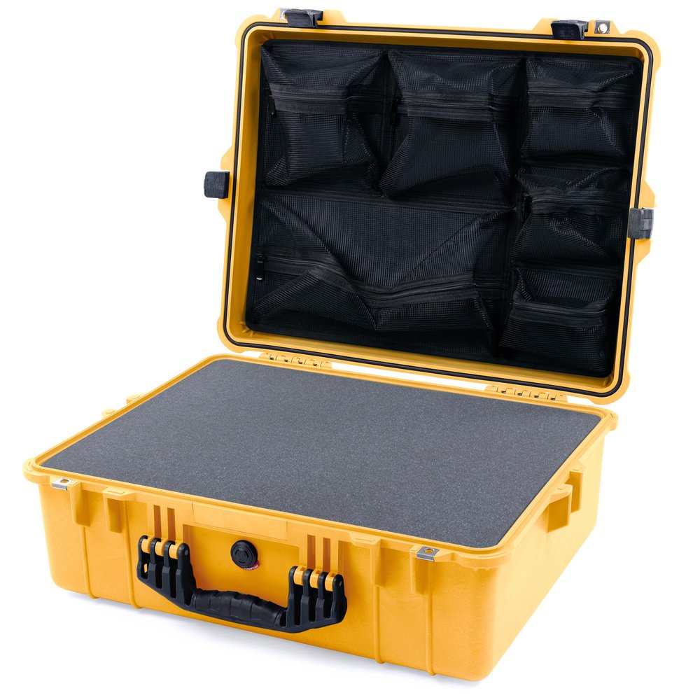 ColorCase Pelican 1600 Case Yellow - Large Size Waterproof Case with Pick & Pluck Foam Set & Mesh Lid Organizer - Black Handle & Latches