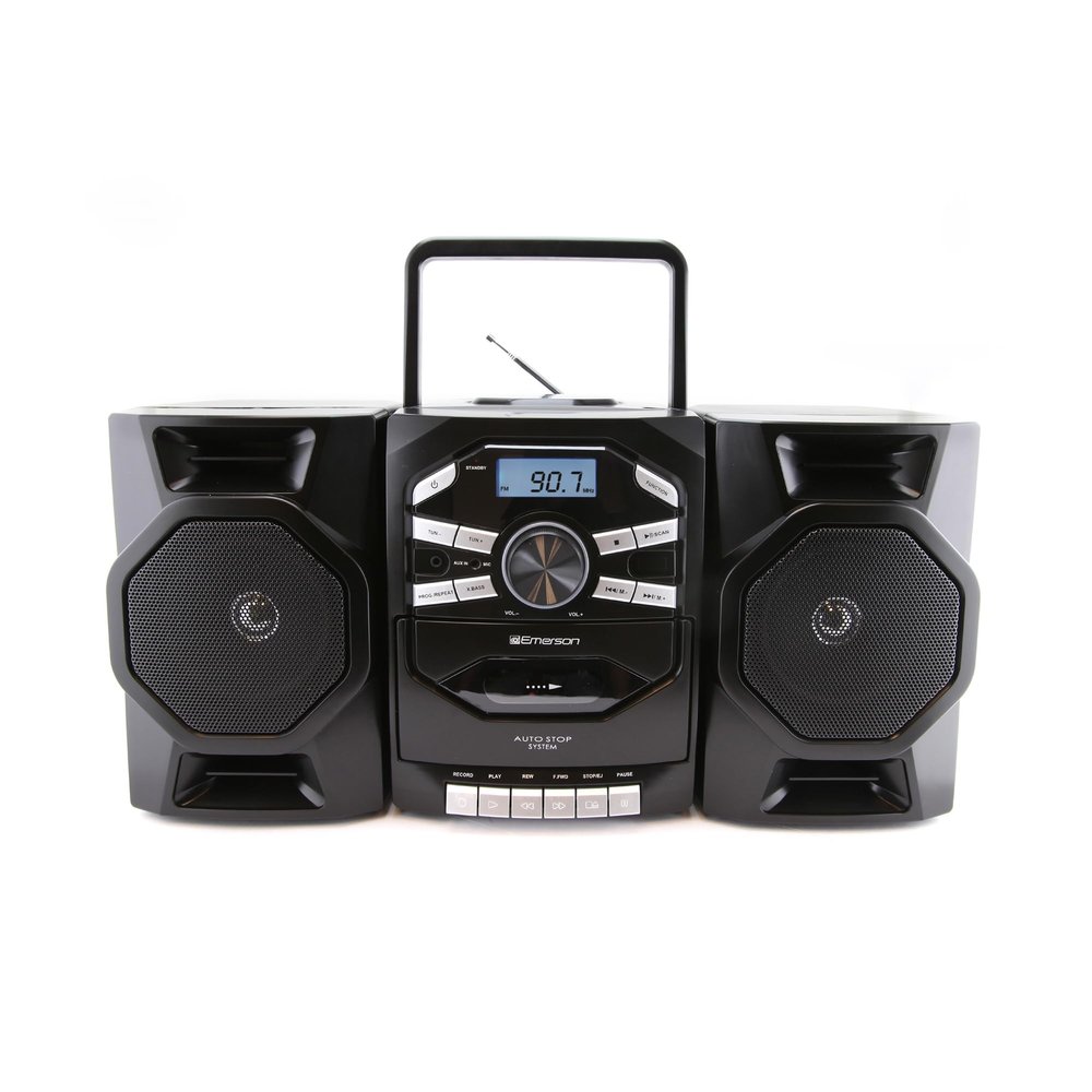 Emerson Portable CD Player Boombox with Cassette Player, Tape Recorder, AM/FM Radio, AUX Input, Detachable Speakers, AC/DC & Battery Operated  Stereo System for Home, Travel, Indoor & Outdoor Use