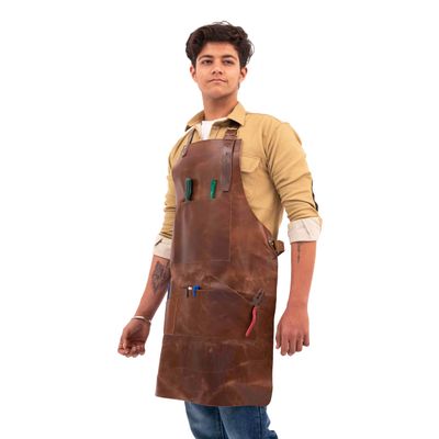 RAJERIYA Premium Leather Apron for Men & Women - Cross Back Heavy Duty Work Apron with 3 or 7 Pockets - Adjustable Grill Master, BBQ, Chef & Woodworking Apron (Seven Pocket Apron)