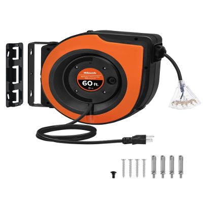 WILAWELS Retractable Cord Reel, 60 FT Heavy Duty Extension Cord, 12AWG/3C SJTOW, 3 Grounded Outlets Lighted Triple Tap, 15A Circuit Breaker, Wall/Ceiling Mounted, UL Listed, Orange B60CR06
