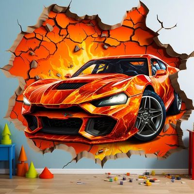 3D Fire Car Wall Sticker - Dynamic Crack Auto in Hole Art Decal - Boys Bedroom Broken Smashed Wall Vehicle Mural Decor - Sports Car Sticker (63'' x 63'')