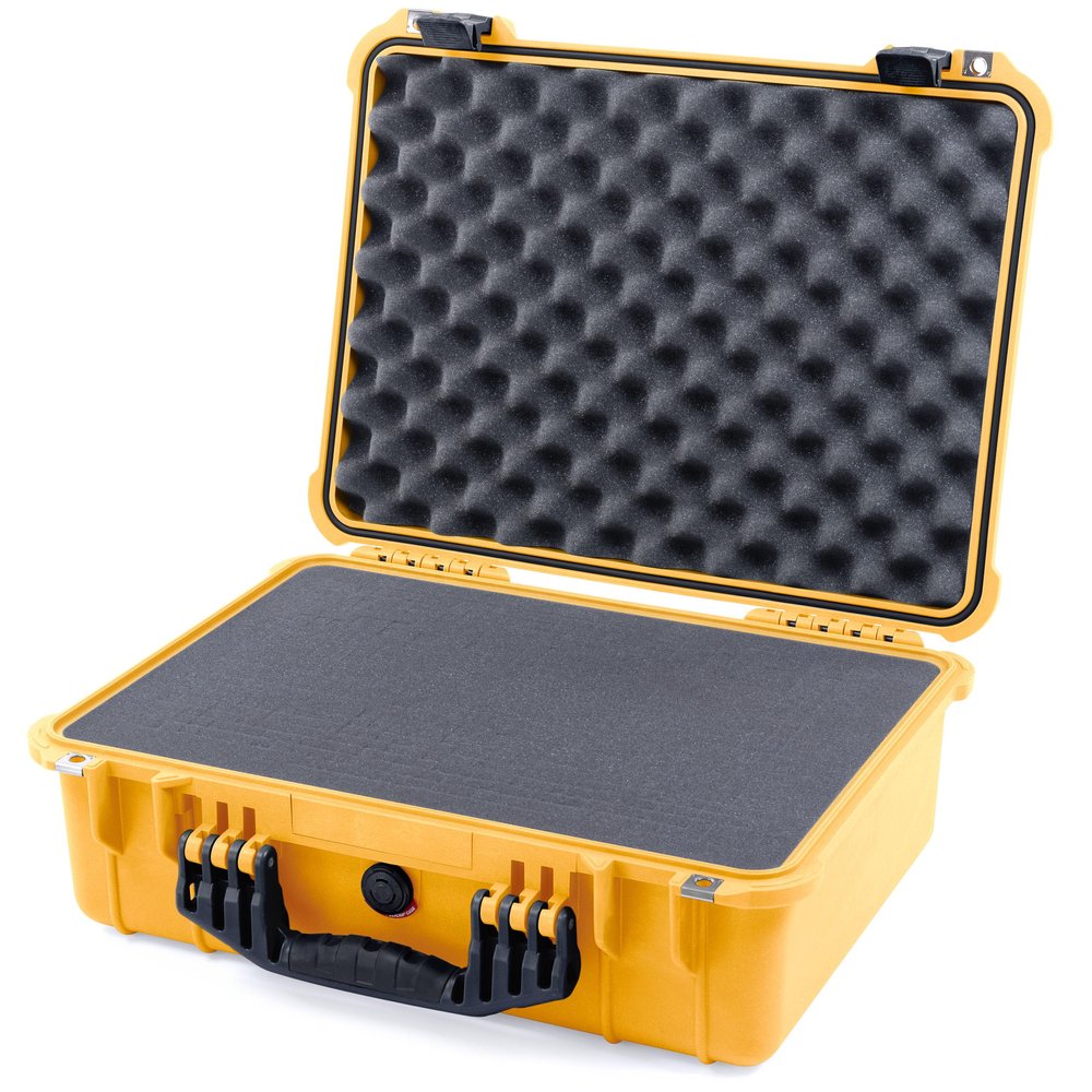 ColorCase Pelican 1520 Case Yellow - Medium Size Waterproof Case with Pick & Pluck Foam Set & Convoluted Lid Foam - Black Handles & Latches