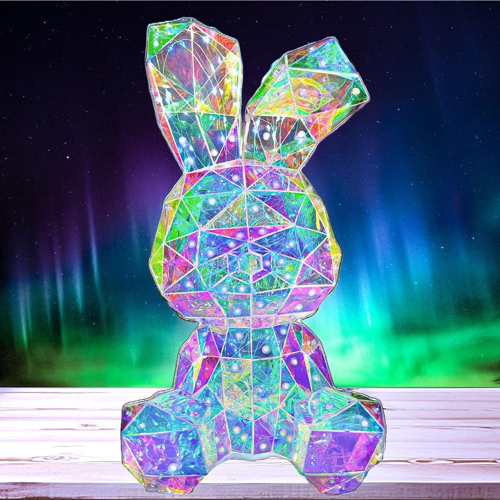 In His Name LED Bunny Night Light Holographic Rainbow Easter Rabbit Lamp Bedside Bunny Light Kids Decoration Boys and Girls Night Light Nursery Lovers Spring Summer Decor Gift