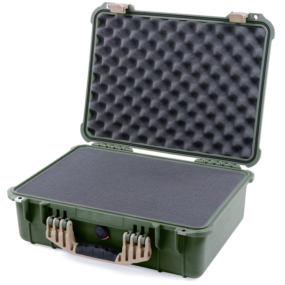 ColorCase Pelican 1520 Case OD Green - Medium Size Waterproof Case with Pick & Pluck Foam Set & Convoluted Lid Foam - Desert Tan Handles & Latches