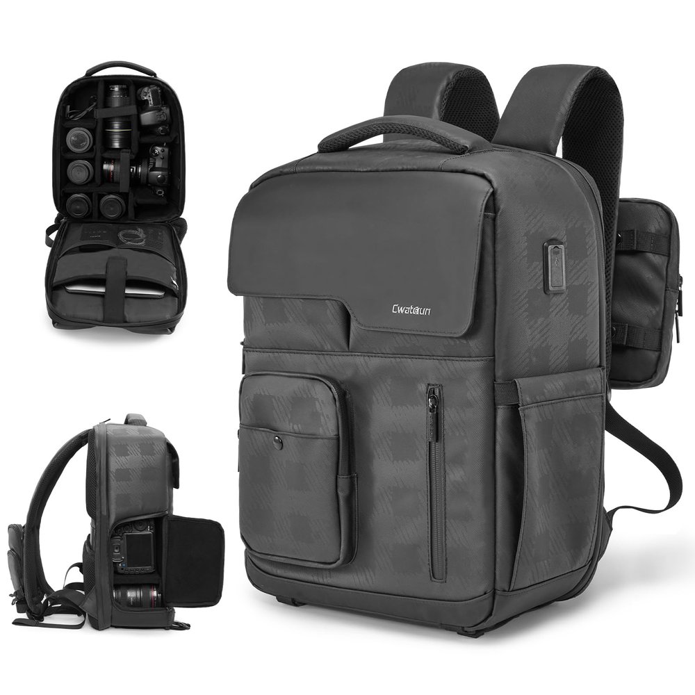 Cwatcun Camera Backpack Waterproof Camera Bag, Multi-Functional Travel Photography Bag Camera Case with 15.6" Laptop Compartment and Tripod Holder for Canon/Nikon/Sony SLR/DSLR/Mirrorless Camera
