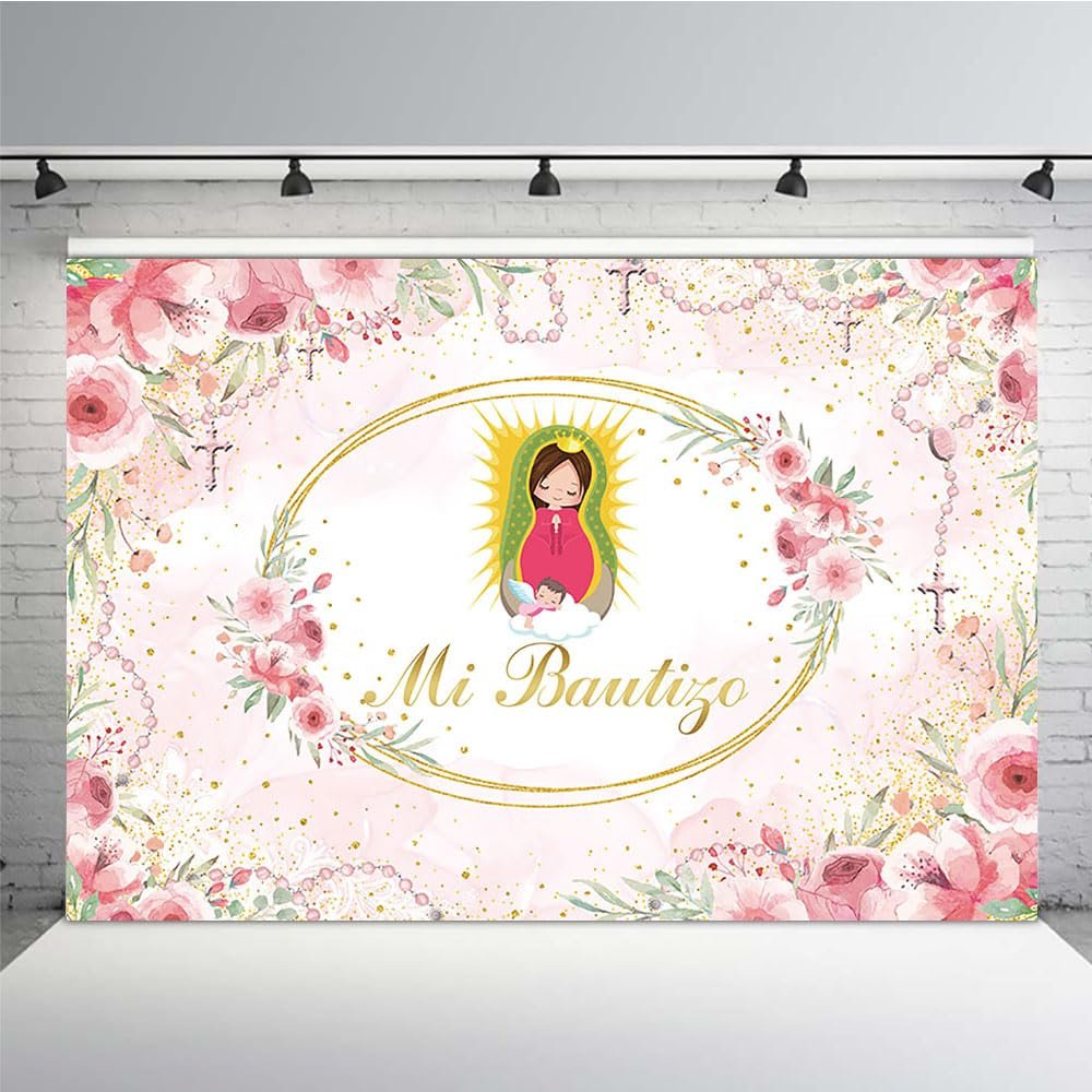 MEHOFOND 7x5ft Mi Bautizo Baptism Backdrop Pampas Grass Baby Shower Floral Background Pink Watercolor Communion Christening Newborn Baby Shower Photo Booth Props