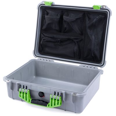 Pelican 1520 Case by ColorCase - Silver - Medium Size Waterproof Case with Mesh Lid Organizer - Lime Green Handles & Latches