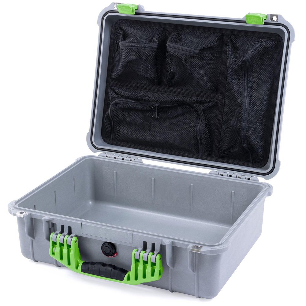 Pelican 1520 Case by ColorCase - Silver - Medium Size Waterproof Case with Mesh Lid Organizer - Lime Green Handles & Latches