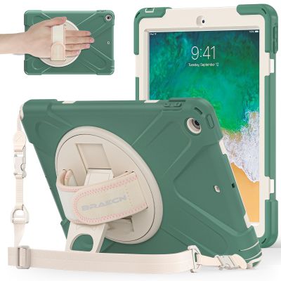 BRAECNstock for Apple iPad 6th/5th Generation Case 9.7 inch (2018/2017), Shockproof Protective Kids Case with Pencil Holder, 360 Rotating Hand Strap & Stand, Shoulder Strap, Emerald Green