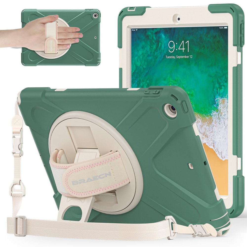 BRAECNstock for Apple iPad 6th/5th Generation Case 9.7 inch (2018/2017), Shockproof Protective Kids Case with Pencil Holder, 360 Rotating Hand Strap & Stand, Shoulder Strap, Emerald Green