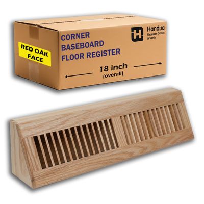 Fits 18" Baseboard Space | Wooden Corner Baseboard Register by Handua | Return Air Grille | 18" External Length Decorative Air Supply Vent Cover | Pre-Finished Natural Red Oak [Face] Wood Air Diffuser