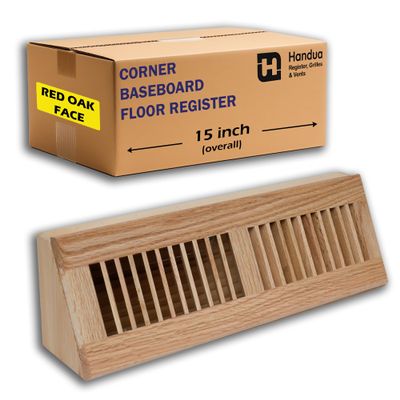 Fits 15" Baseboard Space | Wooden Corner Baseboard Register by Handua | Return Air Grille | 15" External Length Decorative Air Supply Vent Cover | Pre-Finished Natural Red Oak [Face] Wood Air Diffuser