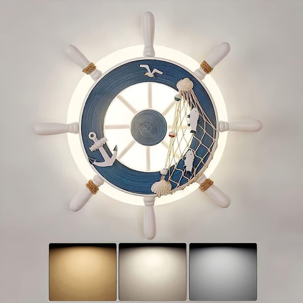 SIYANE Kids Bedroom Sconces Wall Lighting 18W Dimmable LED Wall Sconces Ship Wheel Rudder Nautical Anchor Mediterranean Flush Mount Ceiling Light Children Wall Lamp for Boy Girl Room Nursery