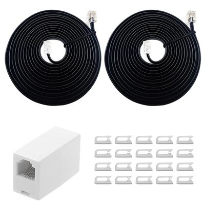 SINCODA Phone line Cord, 2 Pack Telephone Extension Cord 8 Feet,with Standard RJ12 Plug and RJ12 6P6C 1 in-Line Couplers and 20 Cable Clip Holders for Easy Wiring Management