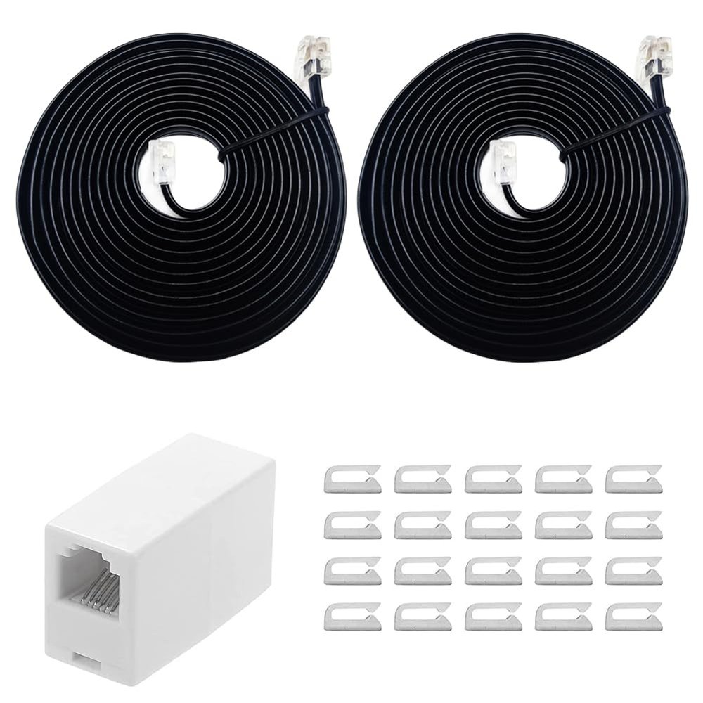 SINCODA Phone line Cord, 2 Pack Telephone Extension Cord 8 Feet,with Standard RJ12 Plug and RJ12 6P6C 1 in-Line Couplers and 20 Cable Clip Holders for Easy Wiring Management