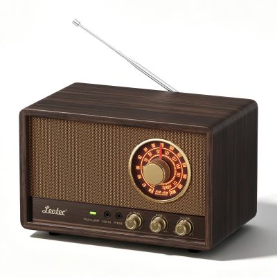 LEOTEC AM FM Radio,Retro Wood Table Radio,Portable Bluetooth Speaker Plug in Wall,Best Reception with AUX,Headphone Jack,Bass Control,Great for Home,Outdoor,Brown