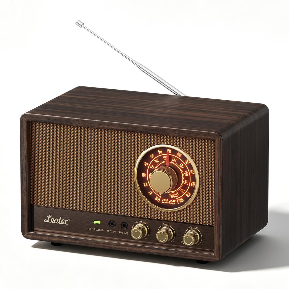 LEOTEC AM FM Radio,Retro Wood Table Radio,Portable Bluetooth Speaker Plug in Wall,Best Reception with AUX,Headphone Jack,Bass Control,Great for Home,Outdoor,Brown