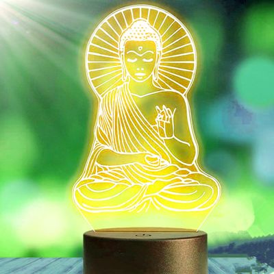 Jinnwell 3D Buddha Night Light Lamp Illusion 16 Color Changing Table Desk Decoration Lamps Gift Acrylic Flat ABS Base USB Cable Toy