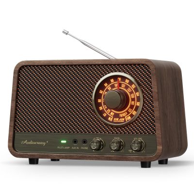 Audiocrazy Vintage Wooden AM FM Bluetooth Radio with 10 Watts Powerful Sound, Retro Bluetooth Speaker Radio with Softly Glowing Dial, Bass Control, Aux Input, Headphone Jack, for Home, Office, Kitchen
